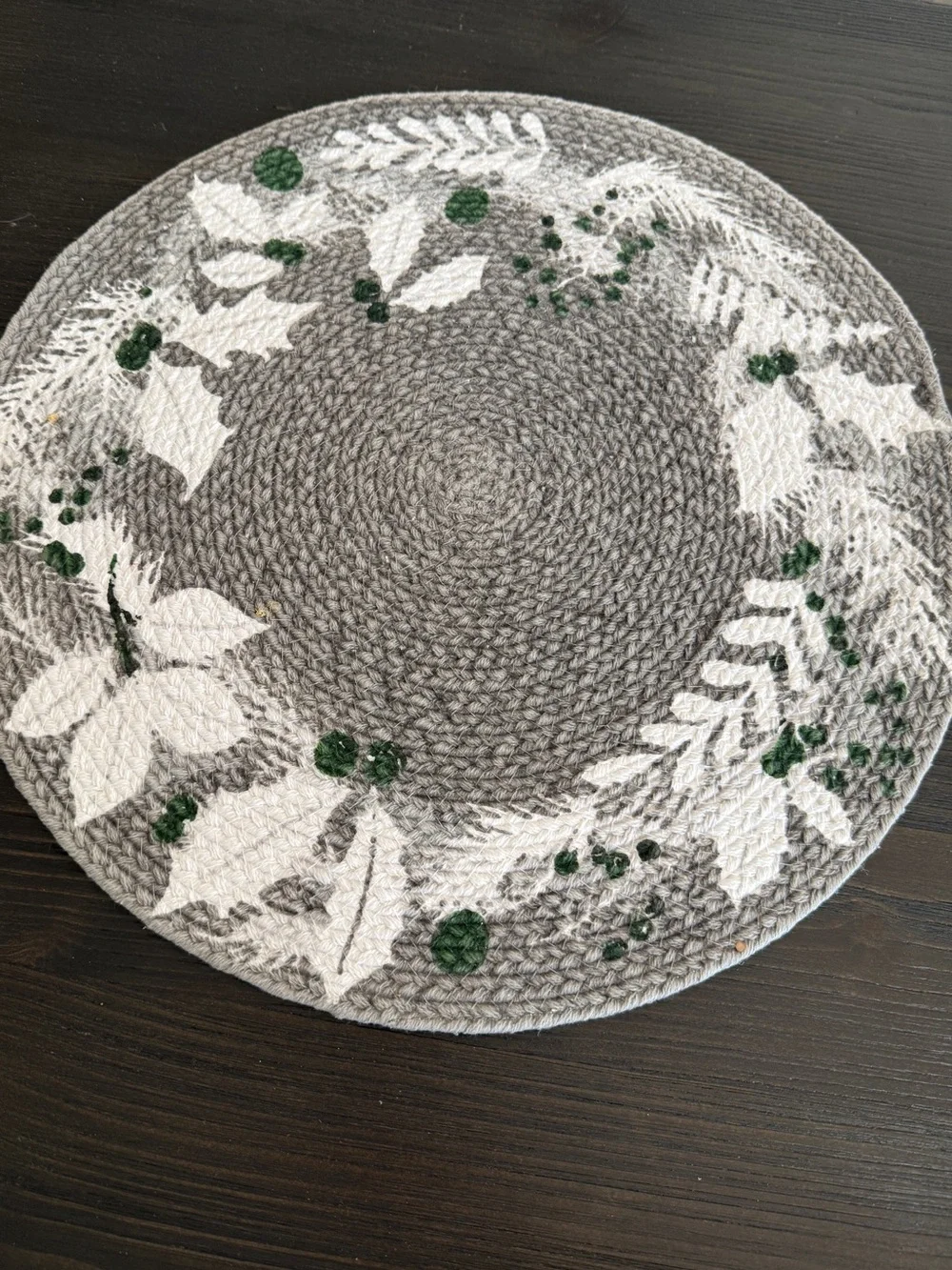 Set of 4 Braided Cotton Placemats - Gray Holly Leaf Holiday